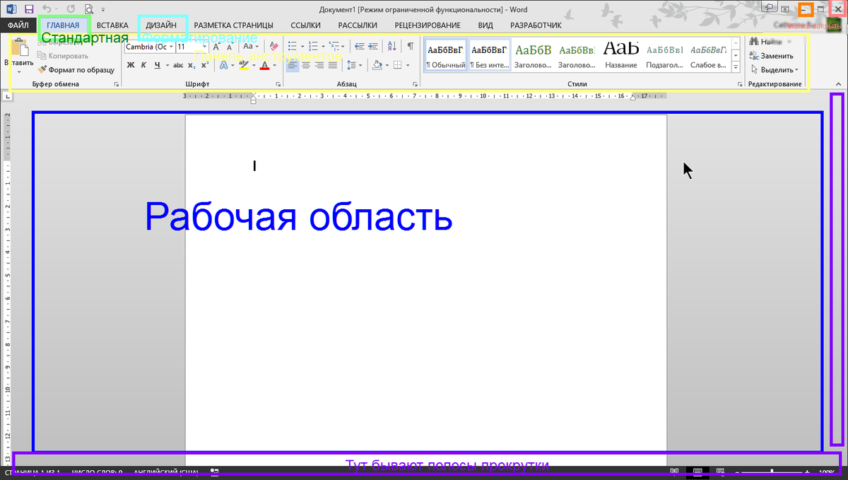 Отметьте элементы. Рабочая область в Ворде. Новый ворд. Новый Word. Окно программы Word 2016.