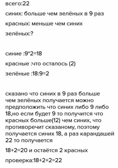 В коробке лежат синие красные и зеленые карандаши всего 22 штуки синих ...