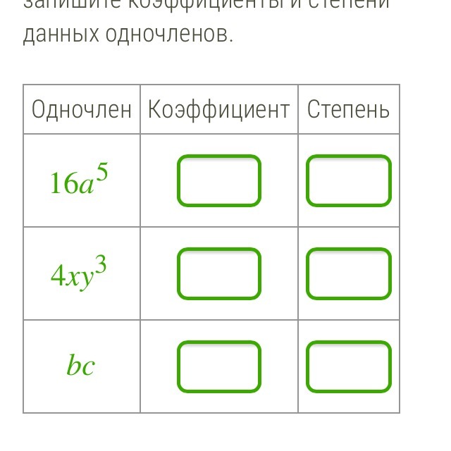 Заполните таблицу одночлен стандартный вид. Одночлен и его стандартный вид 7. Заполните таблицу одночлен стандартный вид. Коэффициент одночлена и степень одночлена. Определите коэффициент одночлена.
