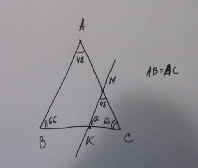 Треугольник АВС - равнобедренный с основанием ВС. Прямая МК параллельна ...