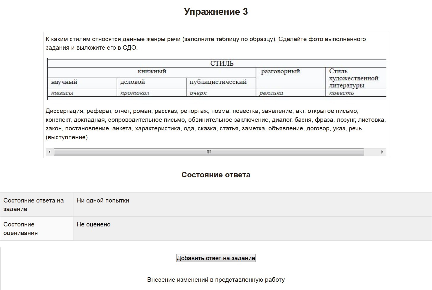 К каким стилям относятся данные жанры речи заполните таблицу по образцу диссертация реферат отчет