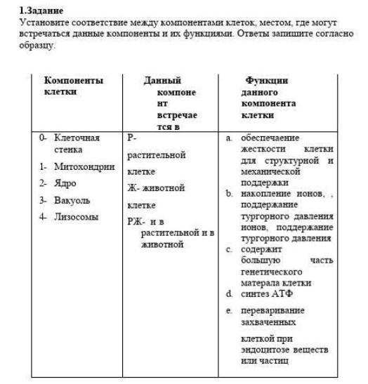 Заполните таблицу элементы в клетках Установите соответствие между компонетами клеток, местом, где могут встречаться 
