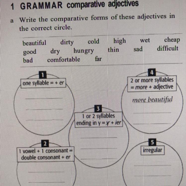 Write the Comparative forms of these adjectives in correct circle. Write the correct forms of the adjectives.. Comparative adjectives hungry. Comparative adjectives Dry. Write the comparative form of these adjectives