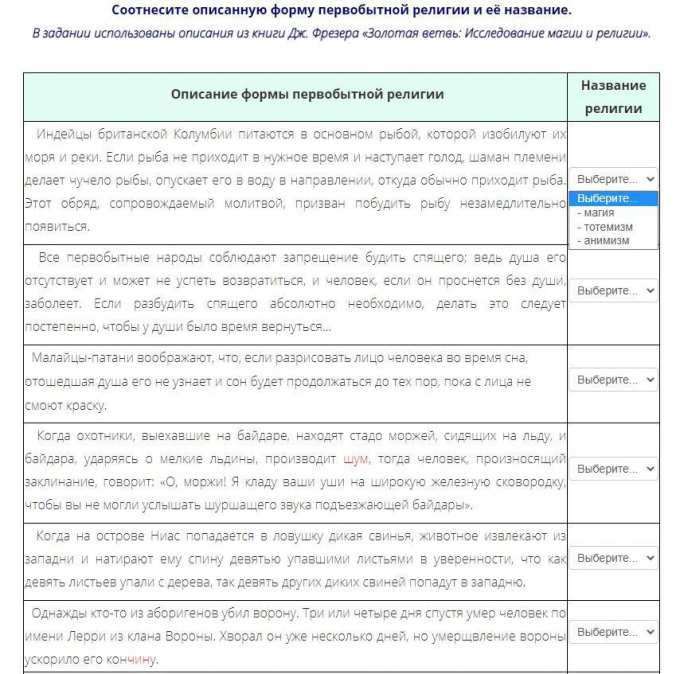 Соотнесите описанную форму первобытной религии и её название. В задании ...
