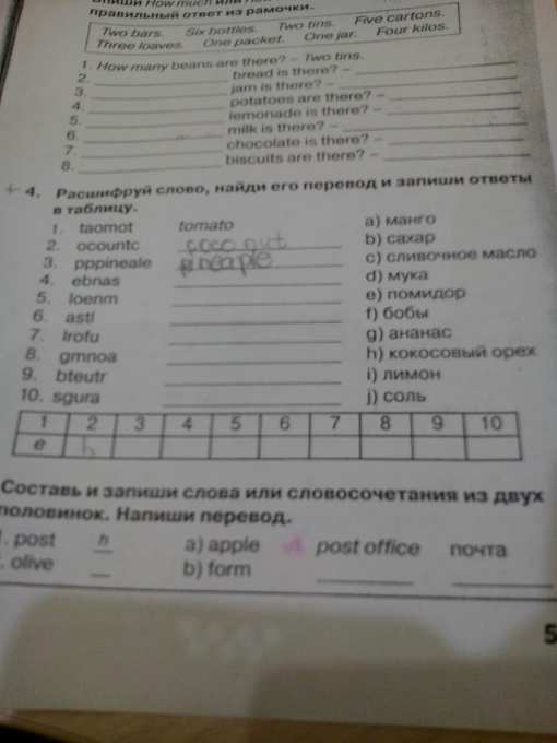 Расшифруй слова найди его перевод и запиши ответы в таблицуtaomot ...